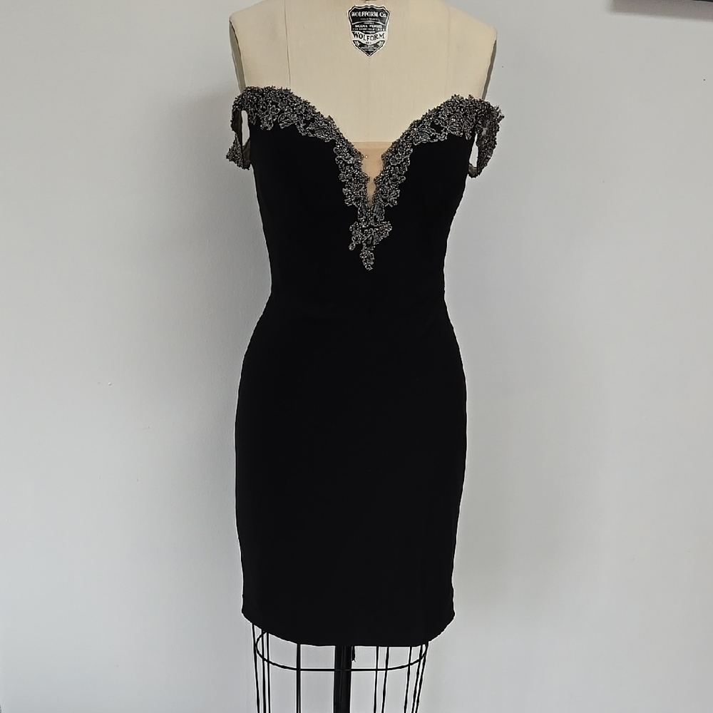 Faviana Black Embellished Backless Bodycon Dress